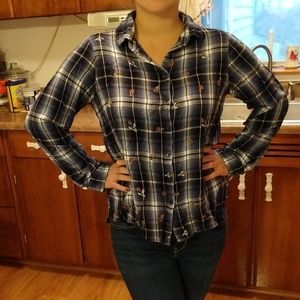 Blue & white plaid flannel with flower embroidery